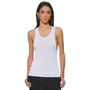 DKNY Women's White Ruched Scoop-Neck Metallic-Trim Tank Top NWT
